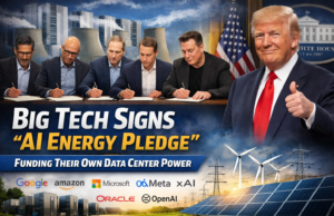 Tech Giants Agree to Fund Their Own AI Data Center Power Under Trump’s “Ratepayer Protection Pledge AI data centers, Trump tech pledge, big tech electricity costs, AI energy consumption, data center power demand, Google Microsoft AI infrastructure, Amazon AI data centers, OpenAI power usage, tech companies energy pledge, US data center electricity, artificial intelligence infrastructure, AI power consumption, tech industry energy demand, ratepayer protection pledge, AI data center policy